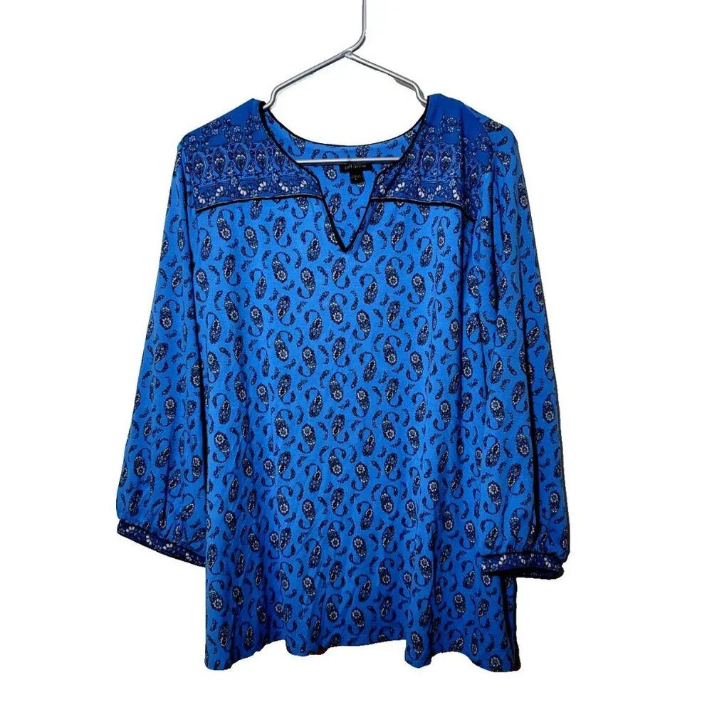 J Jill Wearever Collection Blouse XL Paisley Blue Stretch Soft Knit Boho Floral